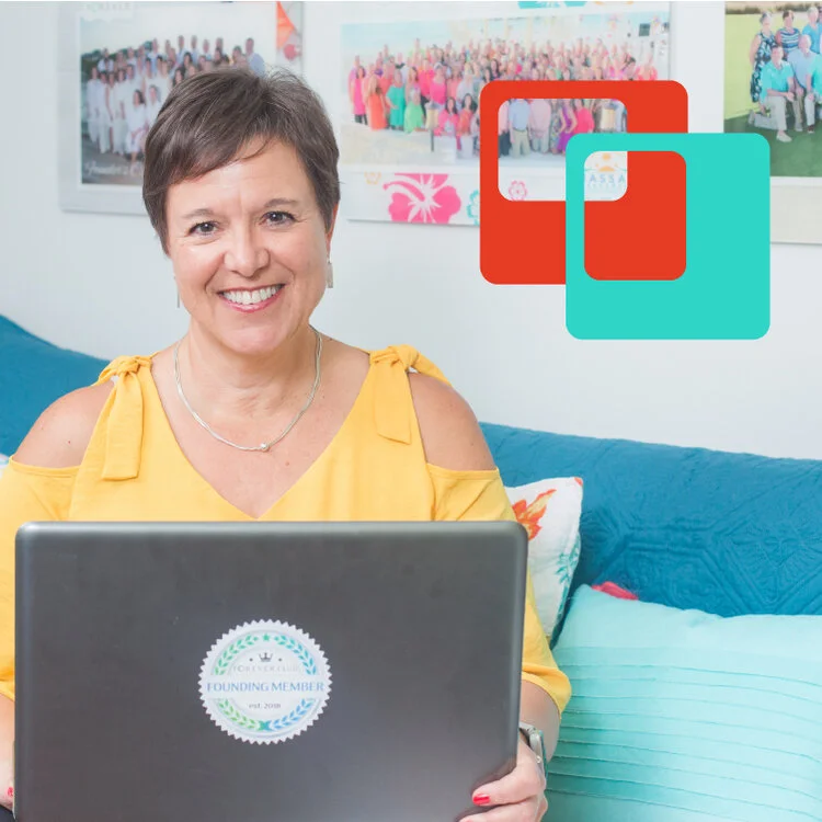 Lorrie smiling with logo in background