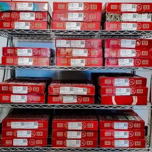 red boxes on a shelf